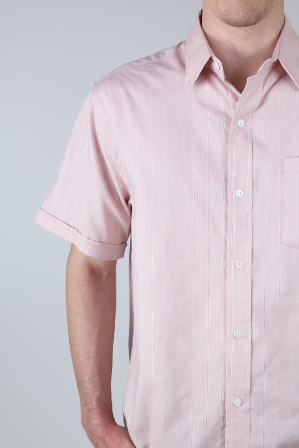 Camisa Hombre Manga Corta Palo de Rosa Rayas Verticales Casual Con Bolsillo